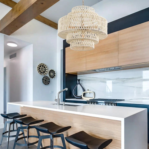 Huge White Rattan Chandelier With 6 Lights Hand Woven 5 Tier Pendant Light in a modern kitchen setting.