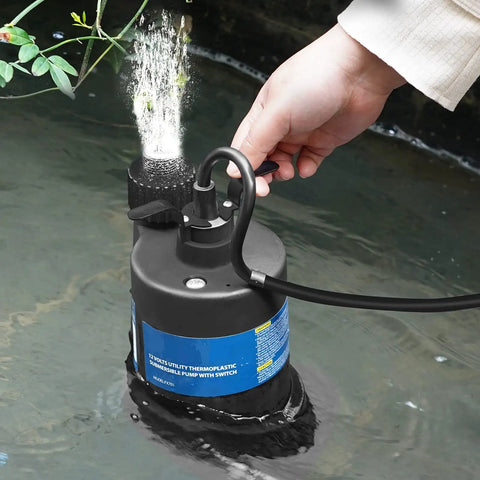 Person holding 12V DC Submersible Sump Pump With Switch, 1500 GPH Workhorse Utility Water Pump For Basements, Pools, And Drains, 25 Feet Max Head