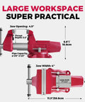 Diagram of Round Bench Vise Four Inch Heavy Duty With 360 Degree Swivel Base and Four Inch Jaw Width, detailing dimensions.