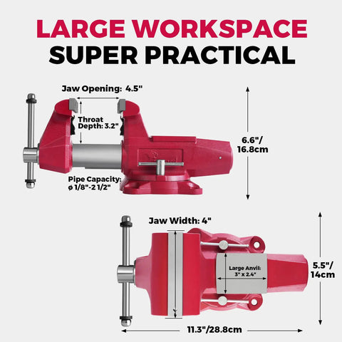 Diagram of Round Bench Vise Four Inch Heavy Duty With 360 Degree Swivel Base and Four Inch Jaw Width, detailing dimensions.