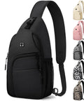 Front view of a black Waterproof Sling Bag For Travel And Hiking Convertible Crossbody Chest Bag Medium Size with adjustable strap.