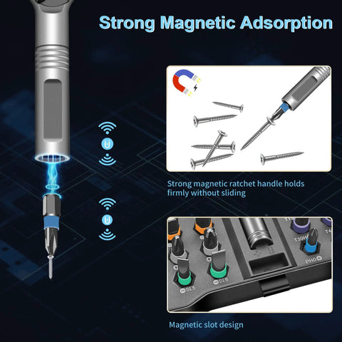 42 In 1 Magnetic Screwdriver Set With Ratcheting Handle And Storage Case showcasing magnetic absorption and color coded bits