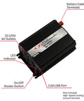 1000 Watt DC To AC Power Inverter showing dual AC outlets, USB port, LED indicator, and battery terminals for efficient power use.