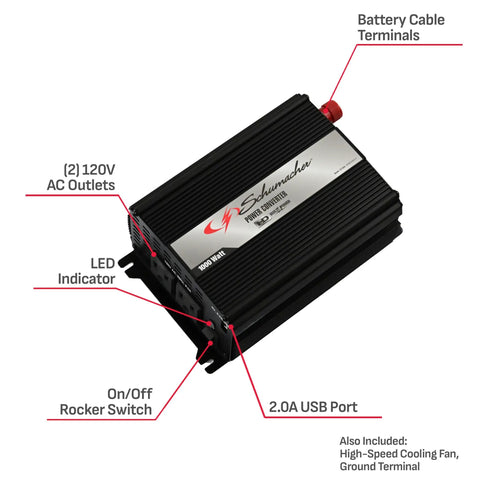 1000 Watt DC To AC Power Inverter showing dual AC outlets, USB port, LED indicator, and battery terminals for efficient power use.