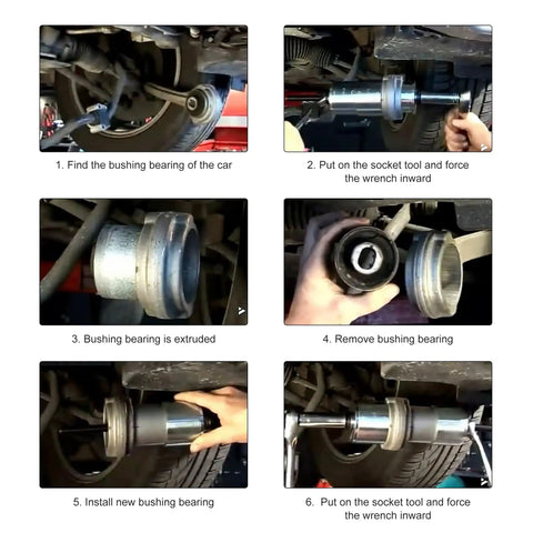 Step-by-step use of 24 Piece Press And Pull Sleeve Kit For Wheel Bearings, Bushings And Seals on a vehicle's bushing bearing.