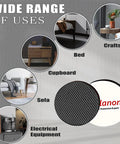 Wide range of uses for non-slip furniture pads on bed, crafts, cupboard, sofa, electrical equipment; features brand logo.