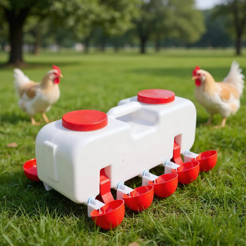 Backyard Boss Automatic Chicken Waterer Featuring Ten Heavy Duty Cups Plus A 9.6 Gallon Self Filling Reservoir on grass with chickens.