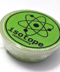 Lime green round wax with 'isotope skateboarding' text, labeled as Premium Skateboard Wax For Rails 70g Curb Wax Made In The USA With Nag Champa Scent Perfect For Smooth Grinds And Rails High Quality Paraffin Blend For Long Lasting Sliders.