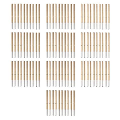 Top Shelf 100 Piece Round Spring Pogo Pin Set With Heat Resistant Brass Plunger And Durable Stainless Steel Coil for circuit testing, arranged in rows.