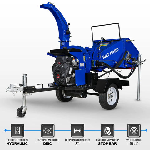 8 Inch Gas Powered Hydraulic Feeding Wood Chipper Shredder Towable With Tow Bar Electric Start Emergency Stop Tail Light