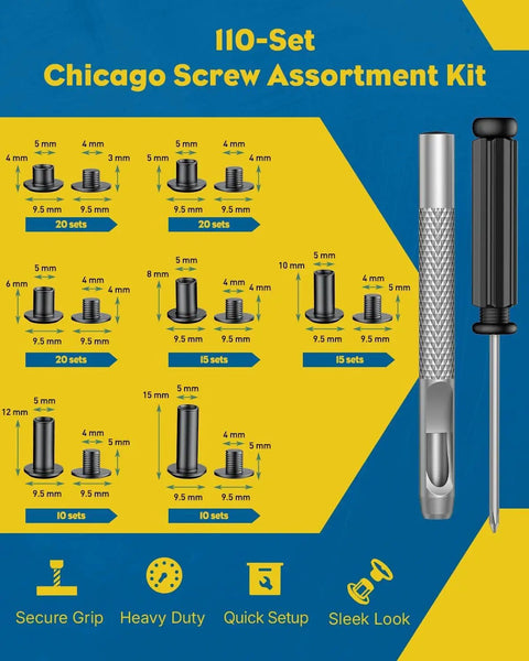 Badass Leather Chicago Screw Kit With 110 Set M5 And M4 Rivets Comes With Awl And Screwdriver For Bookbinding And Leatherwork Heavy Duty Carbon Steel Construction assortment details with various sizes and secure grip screwdriver.