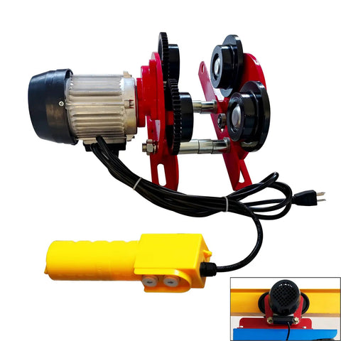 Heavy Duty Electric Trolley For Power Hoist 2200LBS Capacity Fits Two Point Six Eight Inch I Beam Push Geared Overhead Crane Wheel System For PA200 To PA1000 Hoists Great For Gantry Cranes And Warehouses, showing motor and gears