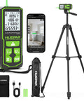 Bluetooth Green Laser Measuring Tool With 395 Ft Range S120-G-BT, No Fuss Smart App Control For Quick Measurements, Instant Phone Sync, Group Data Access, Annotated Photos, And Easy Sketching. Laser meter kit with tripod, phone, case, cable, and batteries