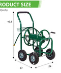Heavy Duty Garden Hose Reel Cart With Four Wheels Holds Up To 300 Feet Of Five Eighths Inch Hose Powder Coated Steel With Storage Basket Easy Assembly shown with dimensions