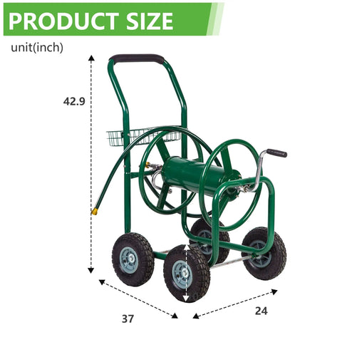 Heavy Duty Garden Hose Reel Cart With Four Wheels Holds Up To 300 Feet Of Five Eighths Inch Hose Powder Coated Steel With Storage Basket Easy Assembly shown with dimensions
