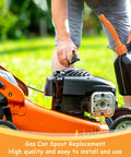 Person using 12 Pack Gas Can Spout Replacement Kit With Bendable Nozzle Screw Collar Caps Gasket Stoppers And Vent Caps For Most Oil Gas Water Cans Orange For Home Use to fuel lawnmower.