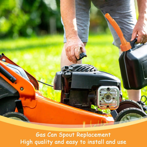 Person using 12 Pack Gas Can Spout Replacement Kit With Bendable Nozzle Screw Collar Caps Gasket Stoppers And Vent Caps For Most Oil Gas Water Cans Orange For Home Use to fuel lawnmower.