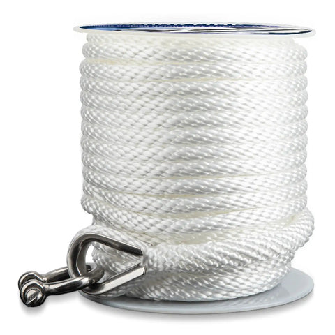 Spool of Braided Anchor Rope 3/8 Inch By 100 Feet Solid MFP Boat Line With Stainless Steel Thimble And Shackle Heavy Duty White