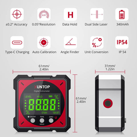 USB Charging Digital Angle Finder With Laser And Magnetic 4 Side Level Gauge Aluminum Box Gear For Precise Angles Zero At Any Angle Pro Gadget Class 2 Laser Output Under 1mW, 61mm red digital inclinometer