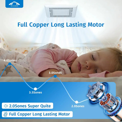 Ultra Quiet Bathroom Exhaust Fan 70 CFM 2.0 Sone With LED Light 4000K 600 Lumens over sleeping child showing low noise
