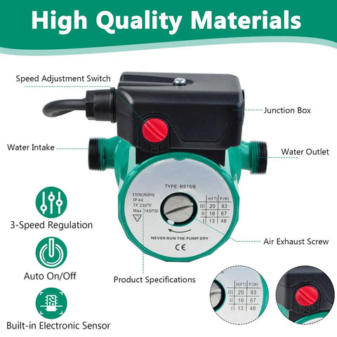 Dead Quiet Hot Water Recirculating Pump With Adjustable Speed Settings For Reliable Instant Hot Water Delivery Super Silent Water Heater Circulator Unit showing speed adjustment switch and specifications.