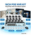 16CH 4K PoE NVR Security Dome Camera System 8Mp Full Color Night Vision Waterproof Surveillance Kit with multiple cameras and NVR.