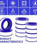 12 Rolls PTFE Teflon Tape For Plumbers 1/2 Inch By 520 Inches White Thread Sealant stacked with icons highlighting features