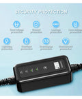 No Hassle Plug And Play Heavy Duty Portable Electric Vehicle Charger With Type Two Cable and J1772 Adapter showing safety features.