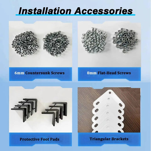 Installation accessories for Heavy Duty L Shaped Steel Brackets include 6mm countersunk screws and 8mm flat-head screws.