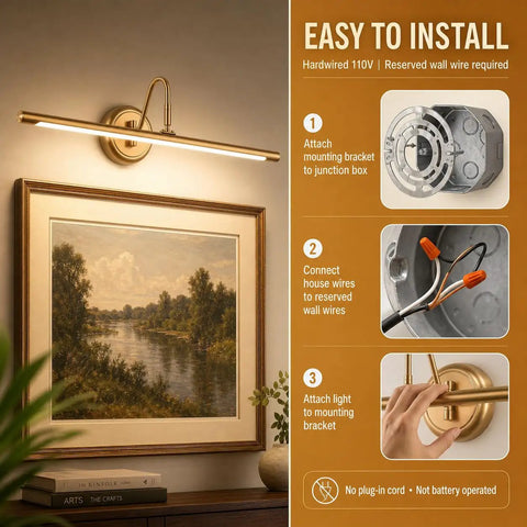 Brass Finish 24.4 Inch Hard Wired Led Picture Light With Swing Arm Wall Mount For Paintings Slim 14W Warm White 3000K Display Sconce 90 Degree Swivel Elegant Wall Lighting For Hallways And Galleries