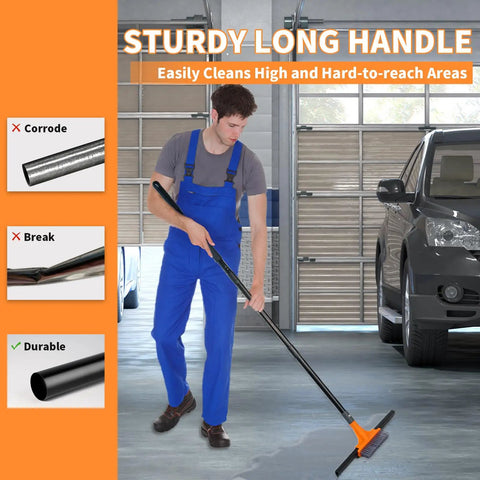 Person using Heavy Duty 2-In-1 Floor Squeegee Workhorse with 16-Inch Rubber Blade and 6-Inch Scrub Brush in a garage