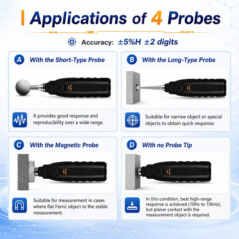 3 In 1 Digital Vibration Meter Vibrometer For Shop Floor Diagnostics, Real Time Vibration Analysis, Piezoelectric Sensor Vibe Checker, Rotating And Reciprocating Equipment Monitor, Pro Grade Tool with short, long, magnetic and no-tip probes