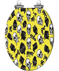 Elongated Toilet Seat for Bathroom with a skull pattern on a yellow background, suitable for unique bathroom decor.