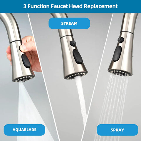 Brushed Nickel 3 Function Pull Down Faucet Spray Head Replacement Kit with 15 Adapters showcasing stream, aquablade, and spray modes.