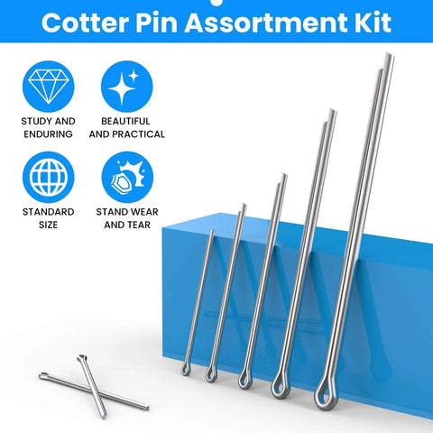 Cotter Pin Assortment Kit With 20 Pieces Of 304 Stainless Steel Hairpin Clips Fasteners in various sizes displayed.