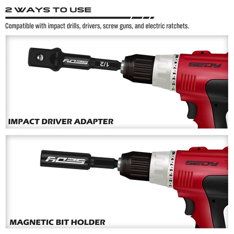 Built Tough 9 Piece Impact Socket Adapter Set For Drill showing use with impact driver adapter and magnetic bit holder