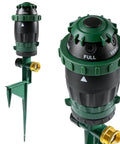 Close-up of gear driven sprinkler for yard with 5 pattern rotary coverage, 360 degree sprinkler head, and spike base.