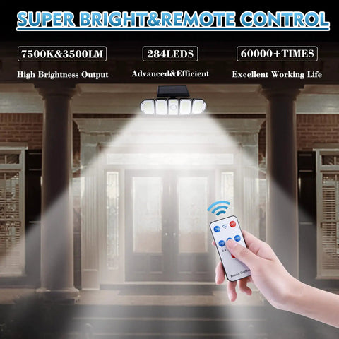 Outdoor Solar Flood Lights With 5 Heads, Remote Control Security Light With Motion Sensor, illuminating porch at night