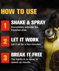 Instructional guide for Deep Penetrating Oil Spray For Stuck Nuts And Rusted Parts, Loosens Stubborn Bolts And Frozen Car Components.