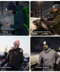 Collage of outdoor activities using Light Up Beanie With Hands Free LED Light USB Rechargeable Knit Hat for Nighttime Outdoor Adventures