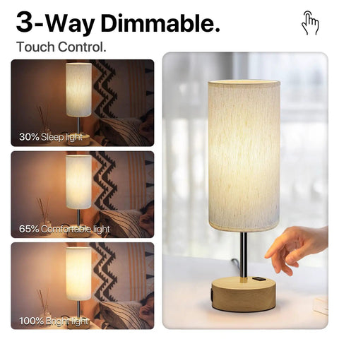 Bedside Lamp With USB A And C Ports And AC Outlet, 3 Way Dimmable Touch Lamp, Linen Fabric Shade showing dimming options