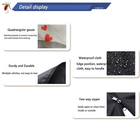 Product features display for Versatile Mosquito Netting For 15Ft Patio Umbrella with details on gauze, cloth, durability, and zipper.