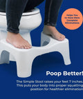 White Squatty Potty Simple Curve 7-inch bathroom toilet stool with feet on it beside a toilet