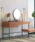 Plug In Wall Sconce Set Of 2 Modern Glass Globe Lights With Brushed Brass Finish next to a vanity mirror in a bedroom setting