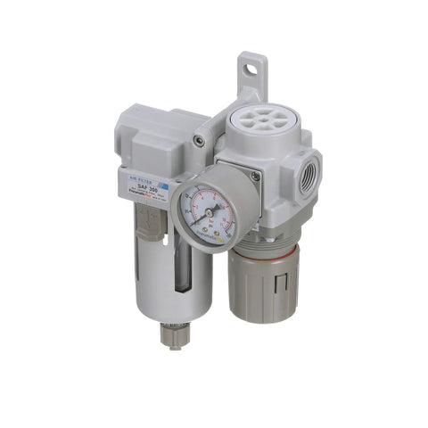 Compressed Air Filter Regulator Combo With 3/8 Inch NPT, Poly Bowl With Guard, Manual Drain, Gauge, And Mounting Bracket