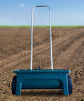 Hand Push Seed Spreader For Lawn And Garden, Walk Behind Drop Spreader Tool, blue, on soil, long handle, smooth wheels
