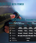Hand holding Beefy 2000 Lumens Type C Rechargeable Compact LED Flashlight For EDC Pocket Sized Lightweight, technical specs overlay.