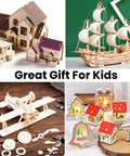 Collage of DIY wooden craft kits: miniature houses, sailing ship, wooden airplane, and holiday lanterns