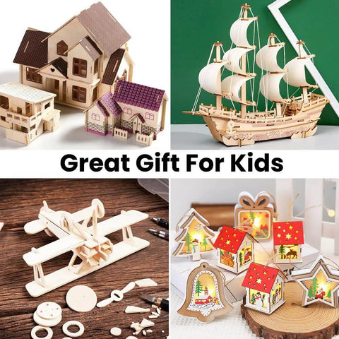 Collage of DIY wooden craft kits: miniature houses, sailing ship, wooden airplane, and holiday lanterns