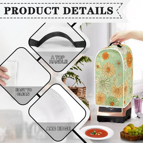 Cute Green Daisy Print Blender Dust Cover With Fingerprint Protection for Stand Mixer or Coffee Maker showing handle and details.